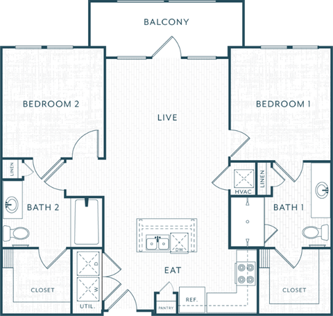 Floor plan for 2 beds, 2 baths, 983 sqft